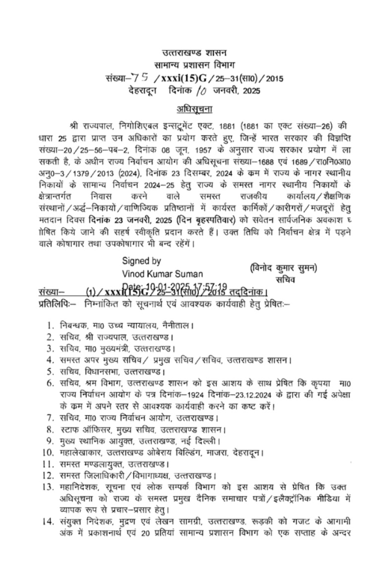 UTTARAKHAND NEWS: Public holiday on 23 January 