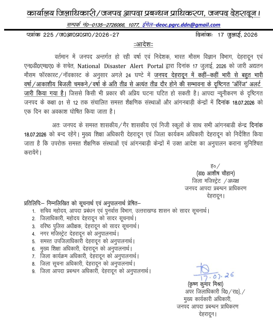 IMD Orange Alert: Dehradun Declares Holiday for Schools and Anganwadi Centres